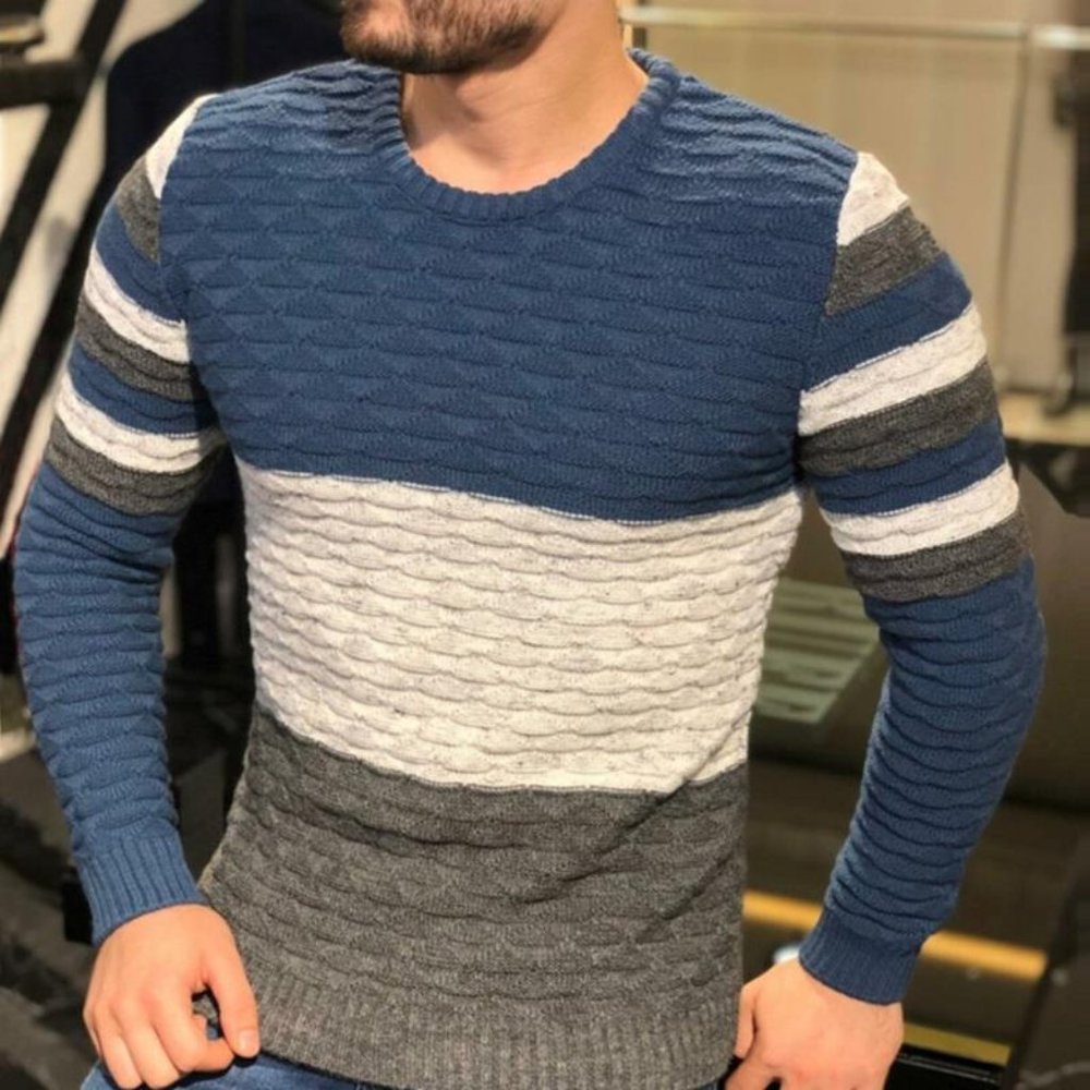 MEN'S ROUND NECK COLOR BLOCK SWEATER (Blue/Grey/White)
